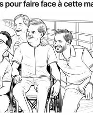 Black and white illustration of three smiling people, one in a wheelchair, together outdoors.