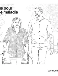 Line drawing of a woman using a walker accompanied by a supportive man walking beside her.