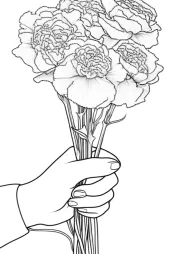 Line drawing of a hand holding a bouquet of roses.